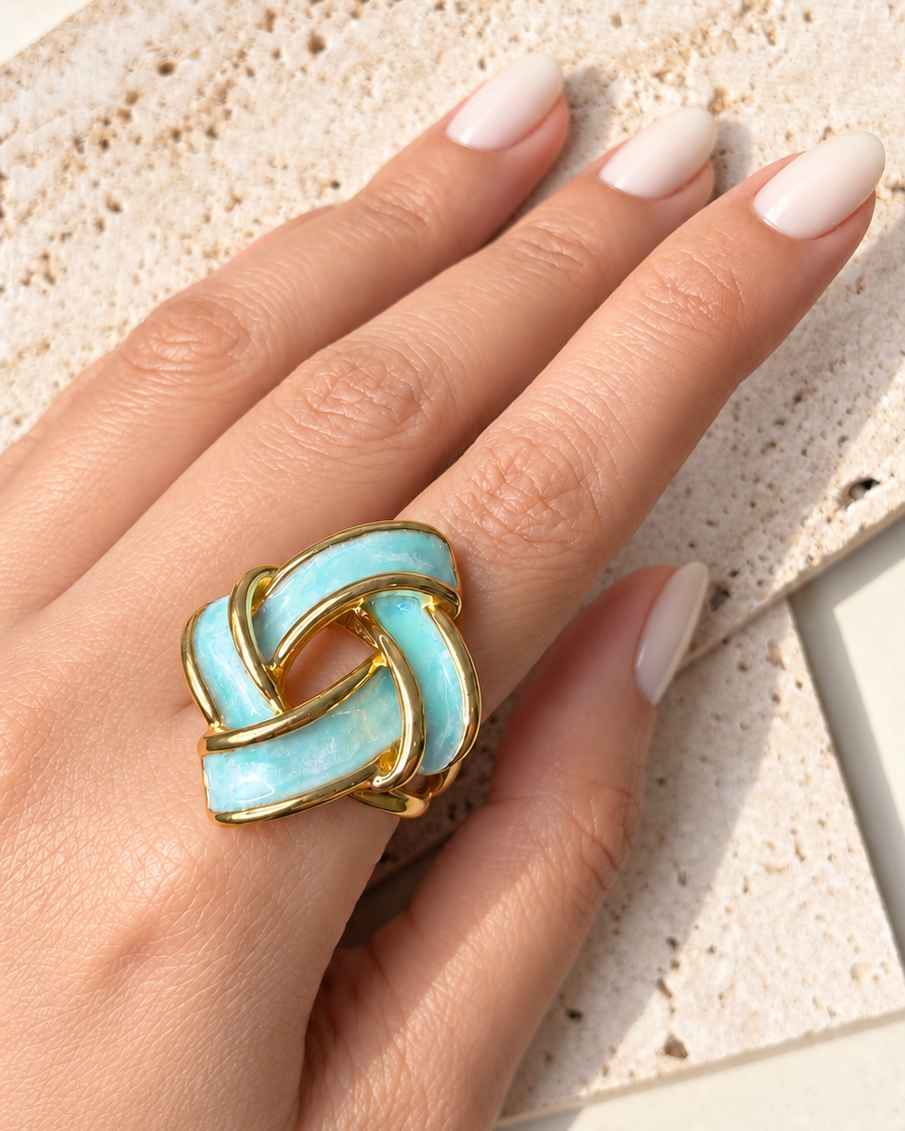 Hawa (Green) Chunky Enamel Knot Design Open Band Gold Ring