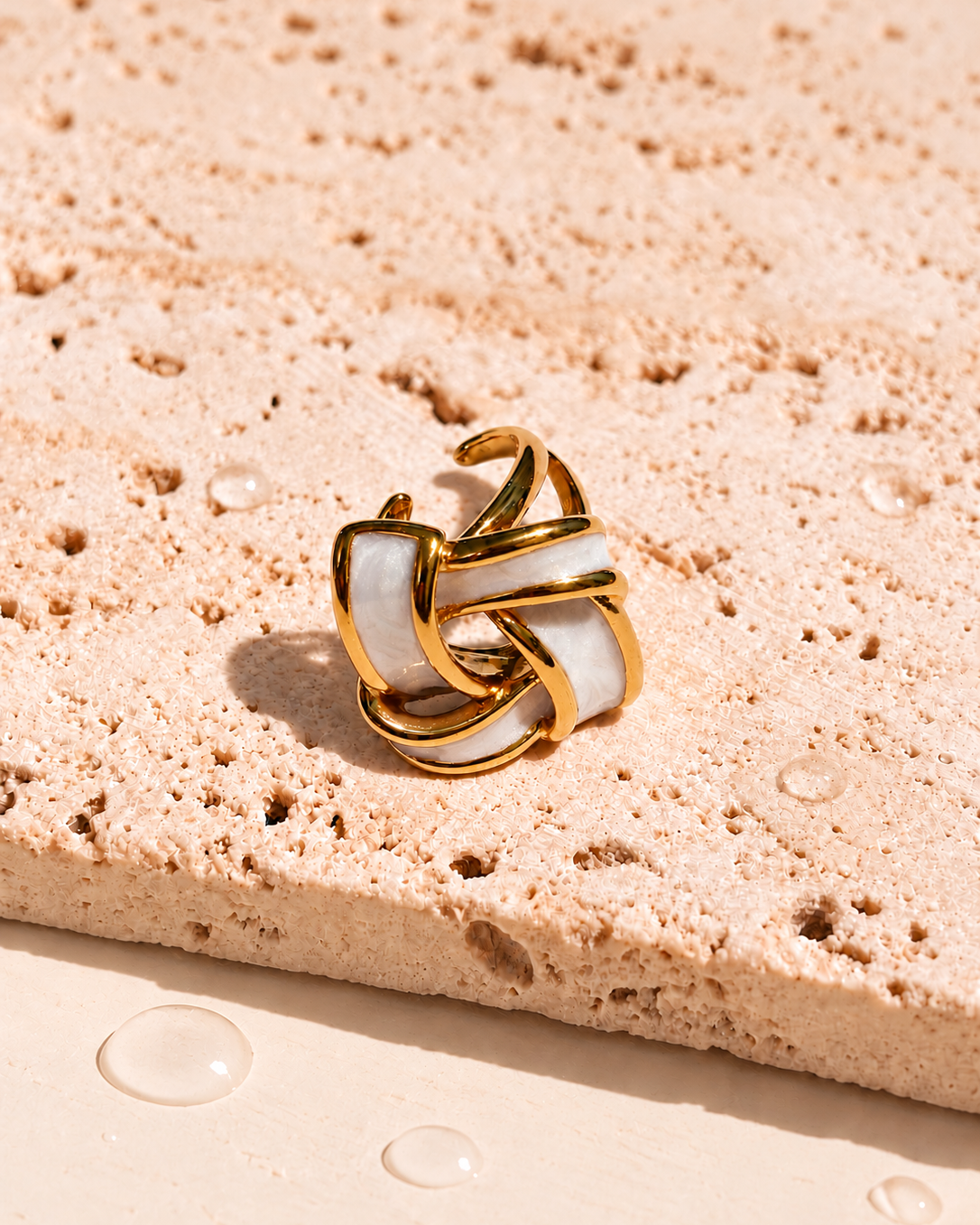 Hawa (White) Chunky Enamel Knot Design Open Band Gold Ring