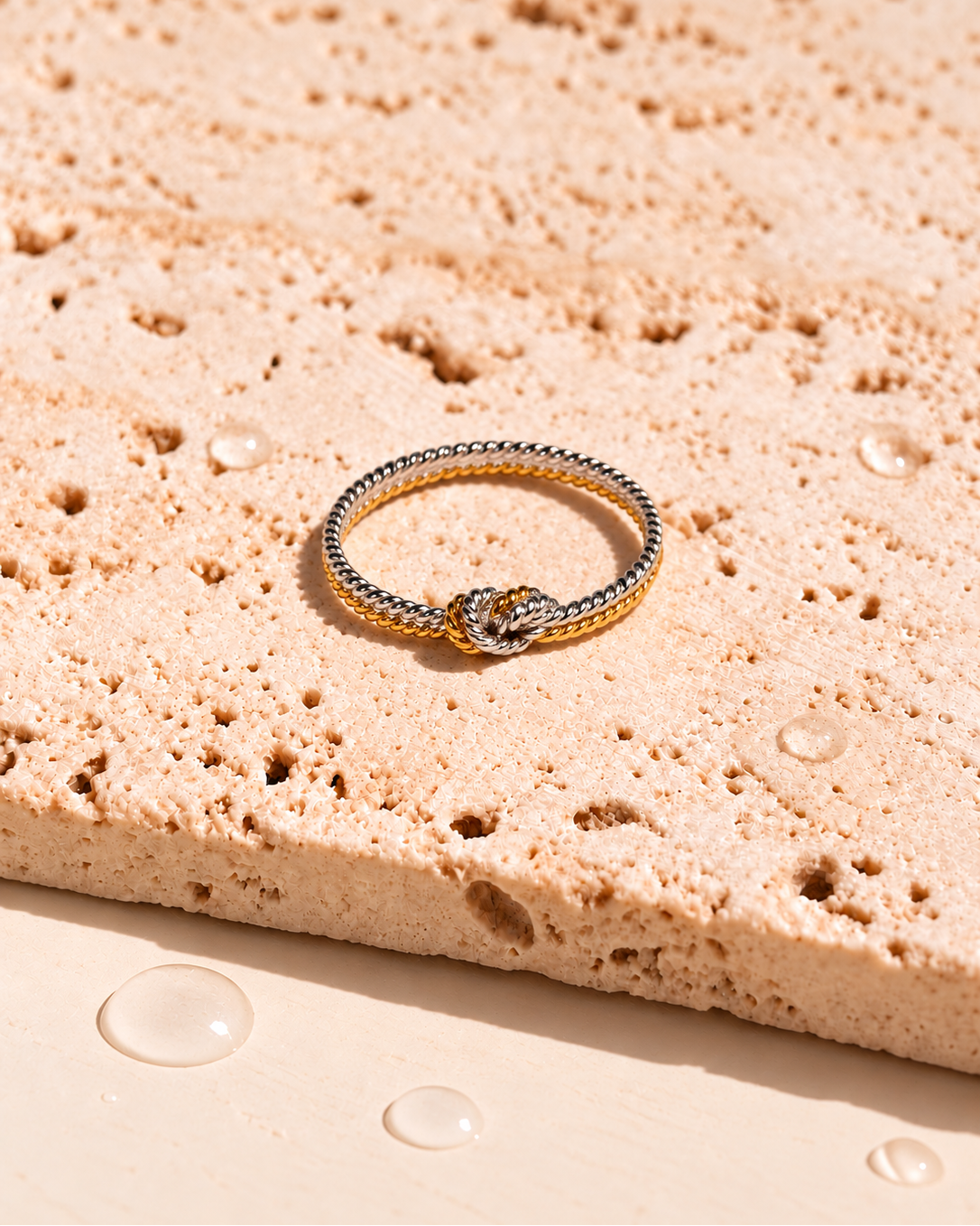 Helga Minimalist Two Tone Stacked Silver Gold Thin Twisted Band Knot Top Head Design Ring