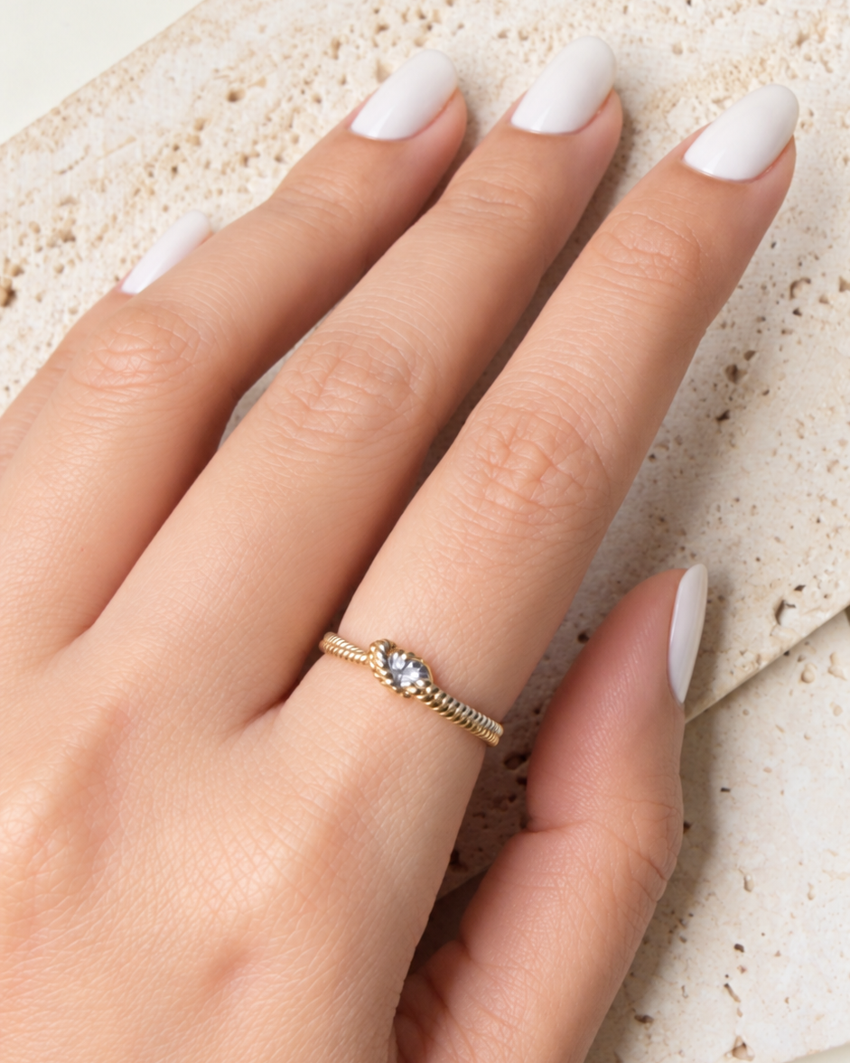 Helga Minimalist Two Tone Stacked Silver Gold Thin Twisted Band Knot Top Head Design Ring
