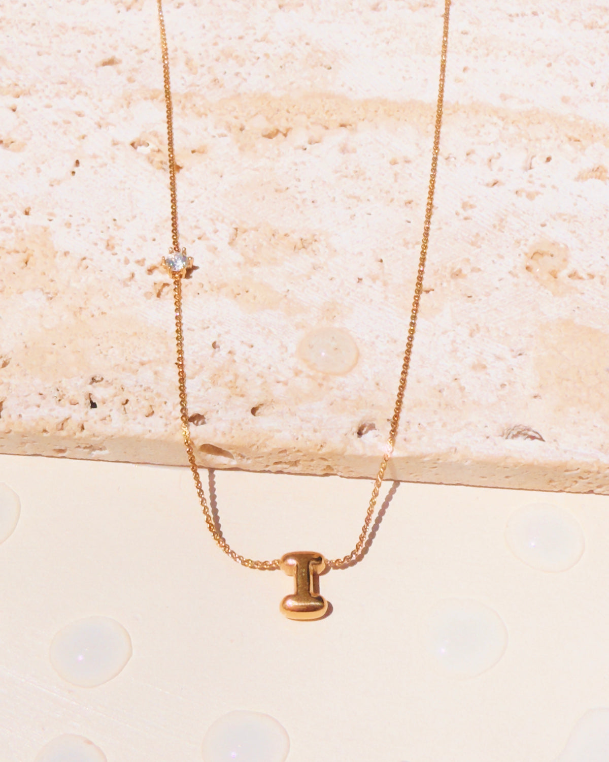 Marieta Letter Initials (A-Z) Rounded Puffy Design Center Pendant Zircon Side Pendant Thin Snake Chain Gold Necklace