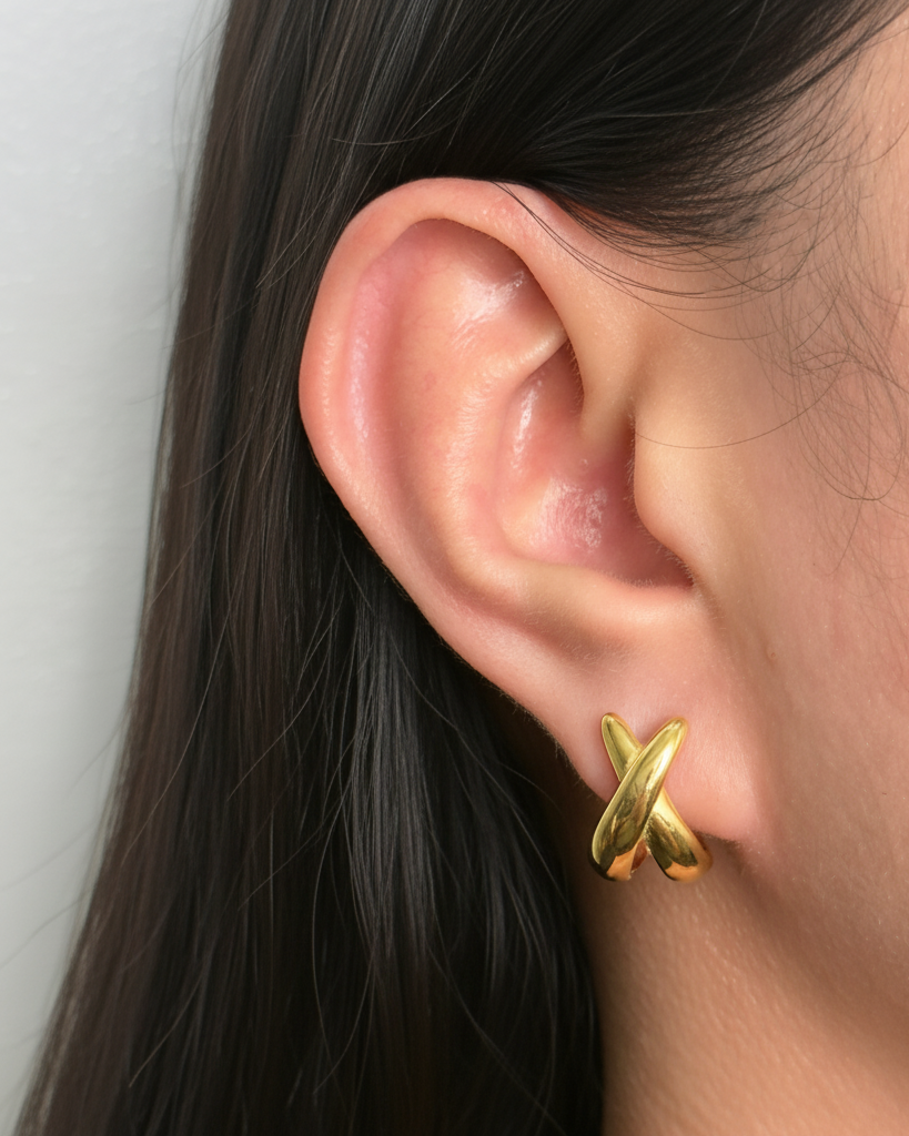 Idra Intercrossed Flat C Shaped Huggies Gold Stud Earrings