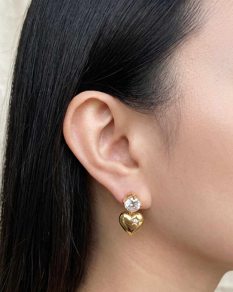 Illiana Round Zircon Bezel Set Stud Solid Heart Shaped Zircon Star Design Dangle Gold Drop Earrings