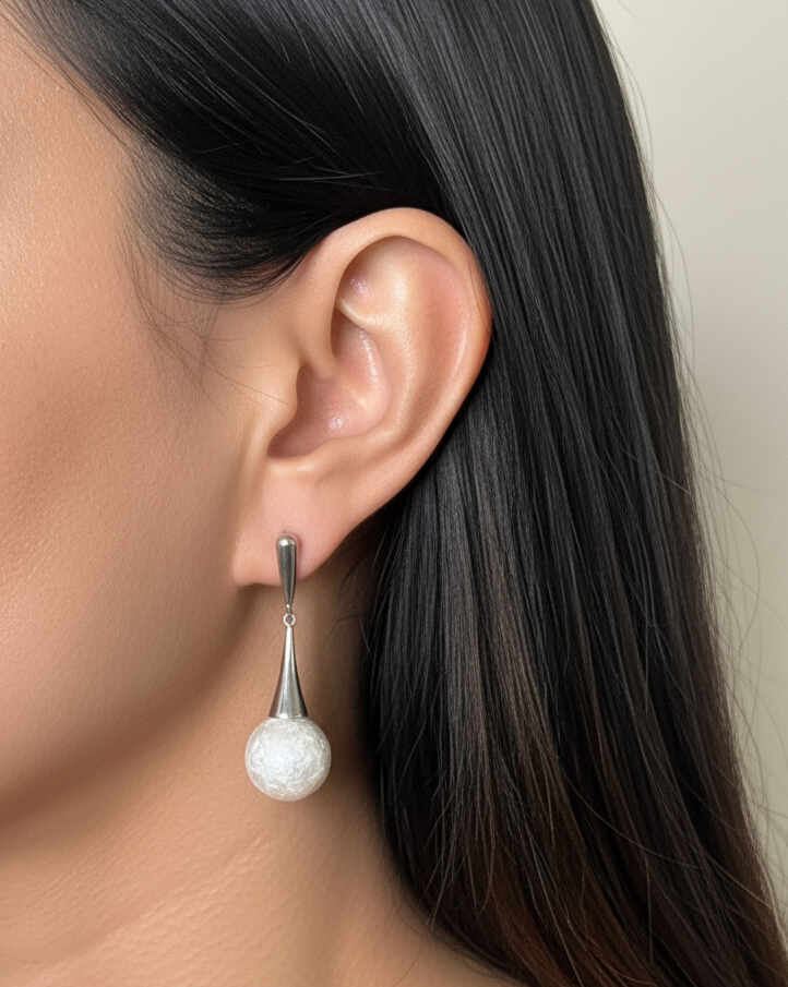 Irynelle (Silver) Cone Dangling Round Shell Stone Pearl Like Design Drop Earrings