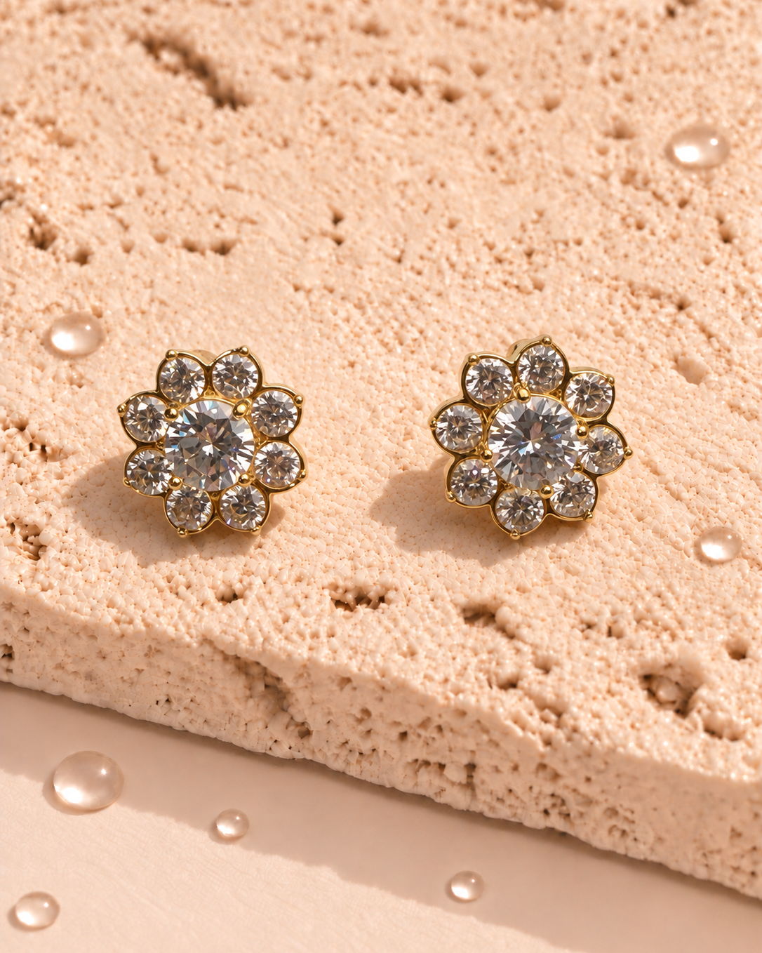 Isla (Gold) Sunflower Shaped All Zircon Paved Bezel Set Gold Stud Earrings