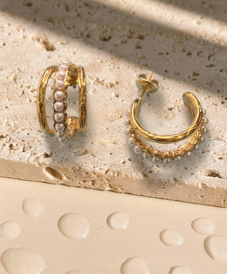 Istria Triple Layer C-Shaped Center Tiny Pearl Beads Paved Inlaid Set Layered Look Gold Hoops