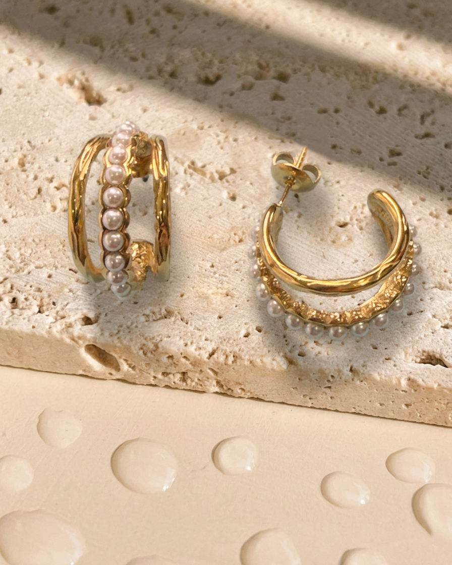 Istria Triple Layer C-Shaped Center Tiny Pearl Beads Paved Inlaid Set Layered Look Gold Hoops