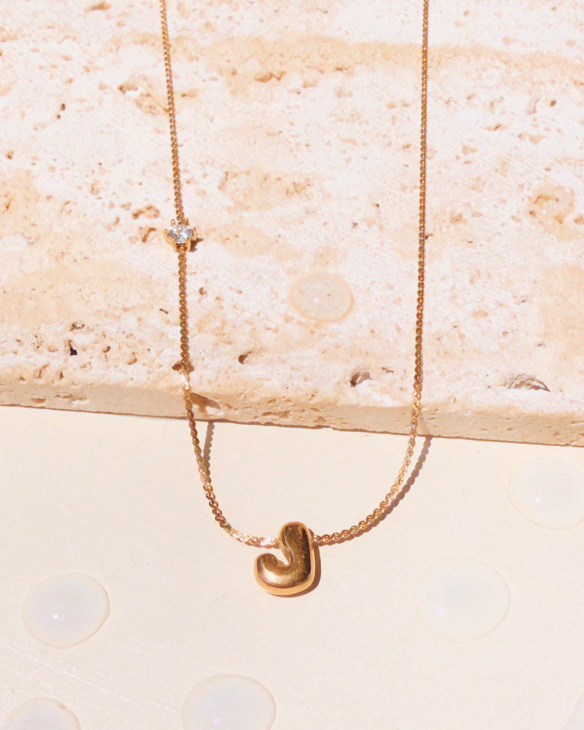 Marieta Letter Initials (A-Z) Rounded Puffy Design Center Pendant Zircon Side Pendant Thin Snake Chain Gold Necklace