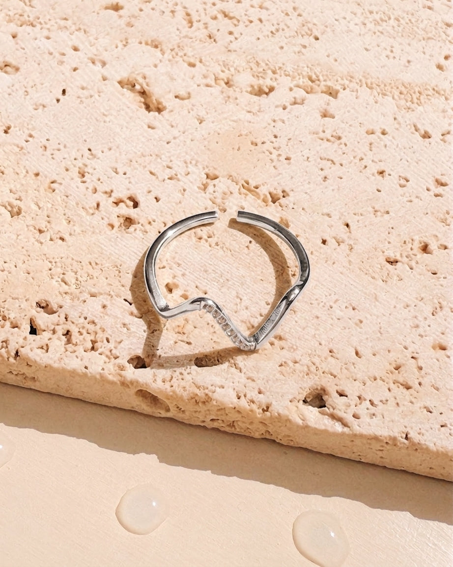 Joey (Silver) Zircon Paved Heartbeat Line Design Top Silver Minimalist Open Ring