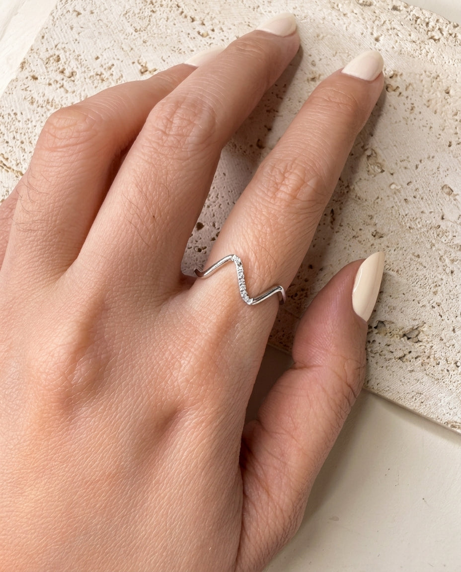Joey (Silver) Zircon Paved Heartbeat Line Design Top Silver Minimalist Open Ring