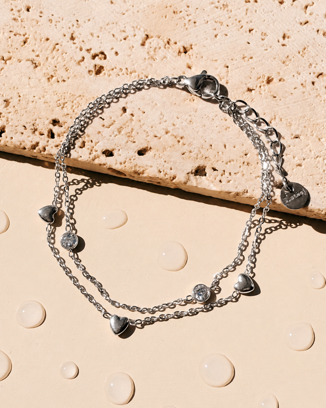 Jovie (Silver) Double Layer Solid Heart Beaded Round Zircon Inlaid Beaded Classic Link Chain Silver Bracelet