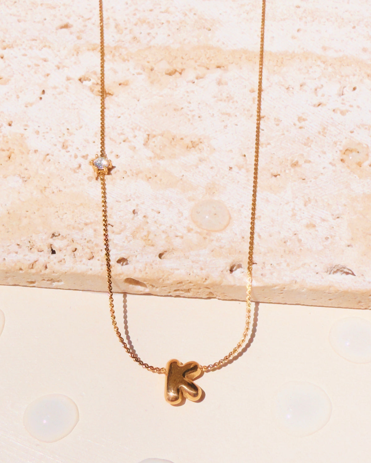 Marieta Letter Initials (A-Z) Rounded Puffy Design Center Pendant Zircon Side Pendant Thin Snake Chain Gold Necklace