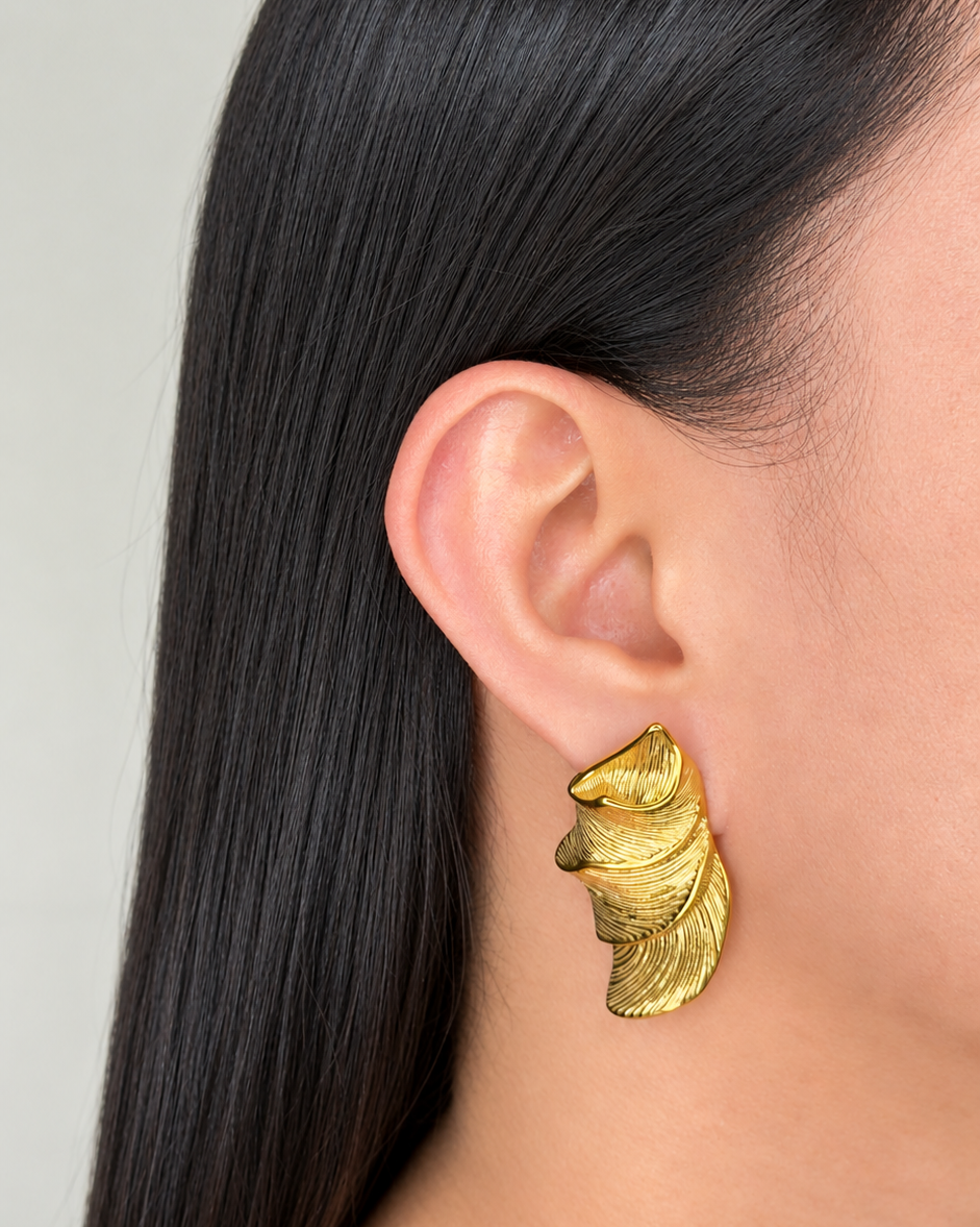 Kallie Chunky Textured Pleated Wing Shaped Vintage Design Gold Stud Drop Earrings