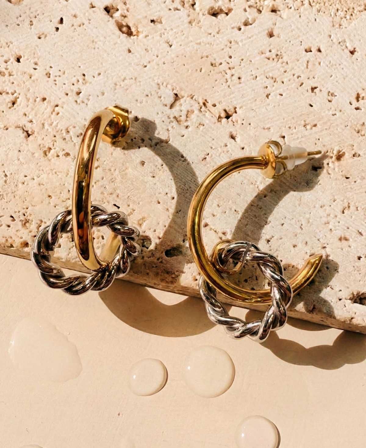 Kalyndra Two Tone Thin Gold Smooth C-Shaped Hoop Small Twisted Rope Silver Ring Design Drop Earrings