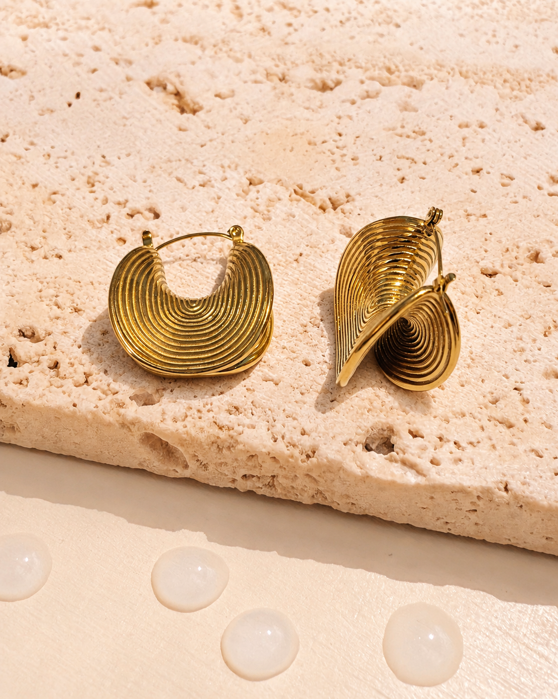 Kandace SeaShell Inspired Open Face Crescent Hoops Pleated Design Gold Hoop Earrings