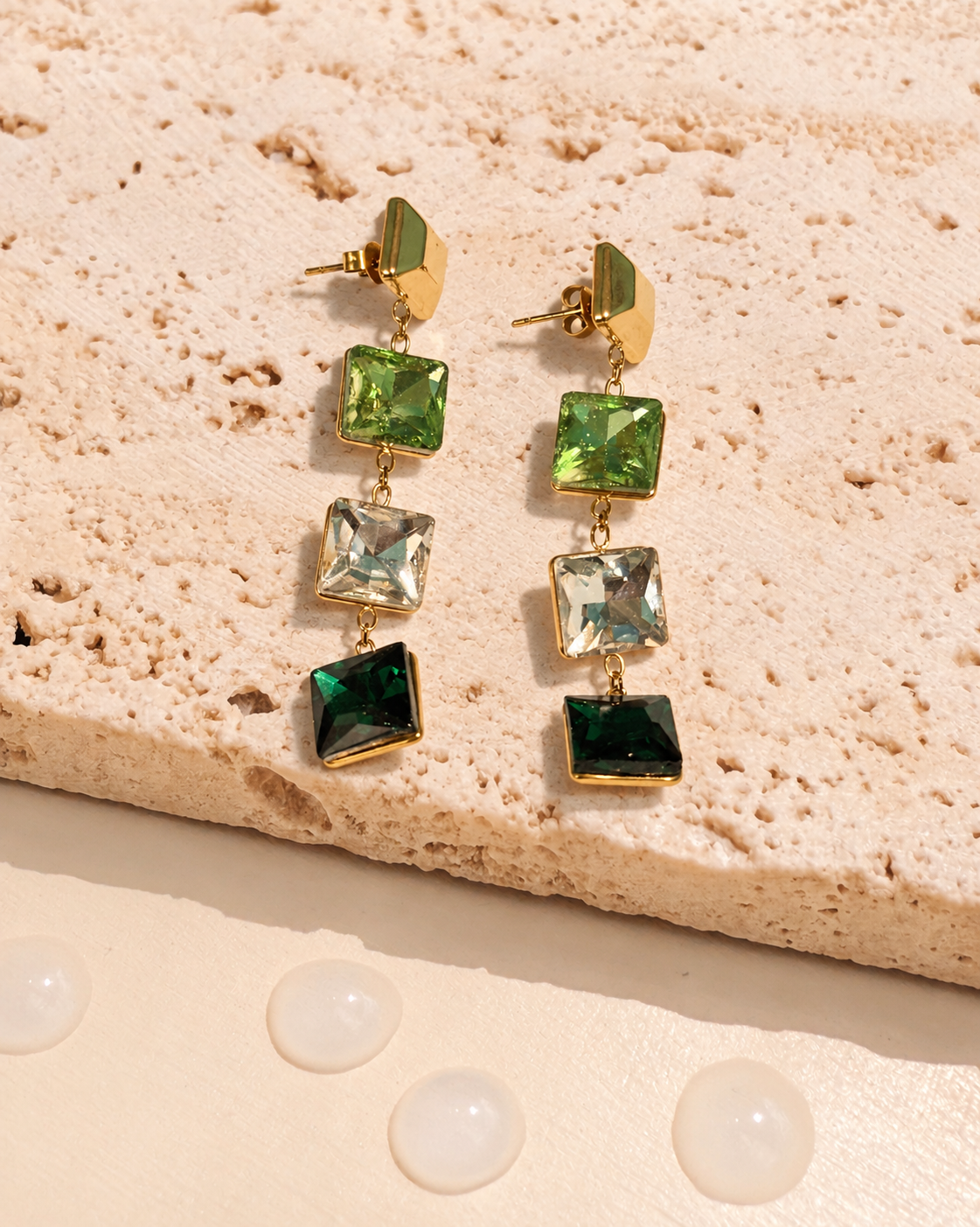 Kat (Green) Colored Green Shade Zircon Four Square Shaped Bezel Set Tassel Design Gold Stud Drop Earrings