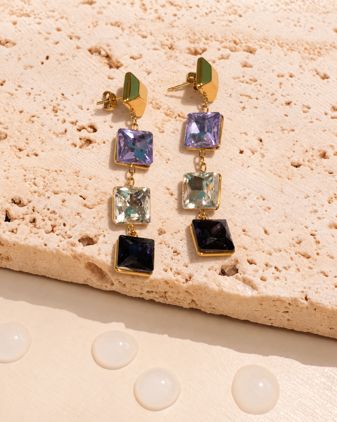 Kat (Purple) Colored Purple Shade Zircon Four Square Shaped Bezel Set Tassel Design Gold Stud Drop Earrings