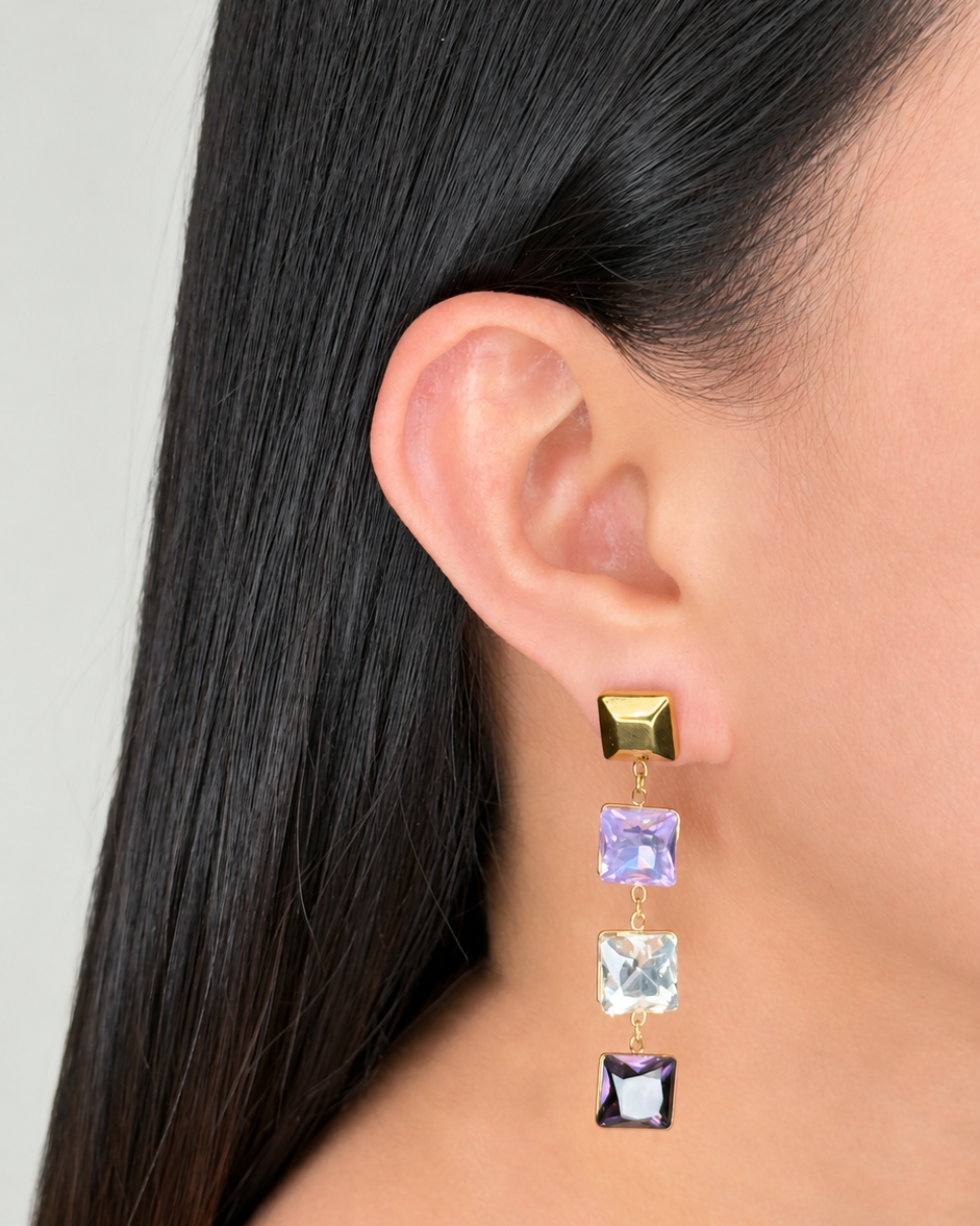 Kat (Purple) Colored Purple Shade Zircon Four Square Shaped Bezel Set Tassel Design Gold Stud Drop Earrings