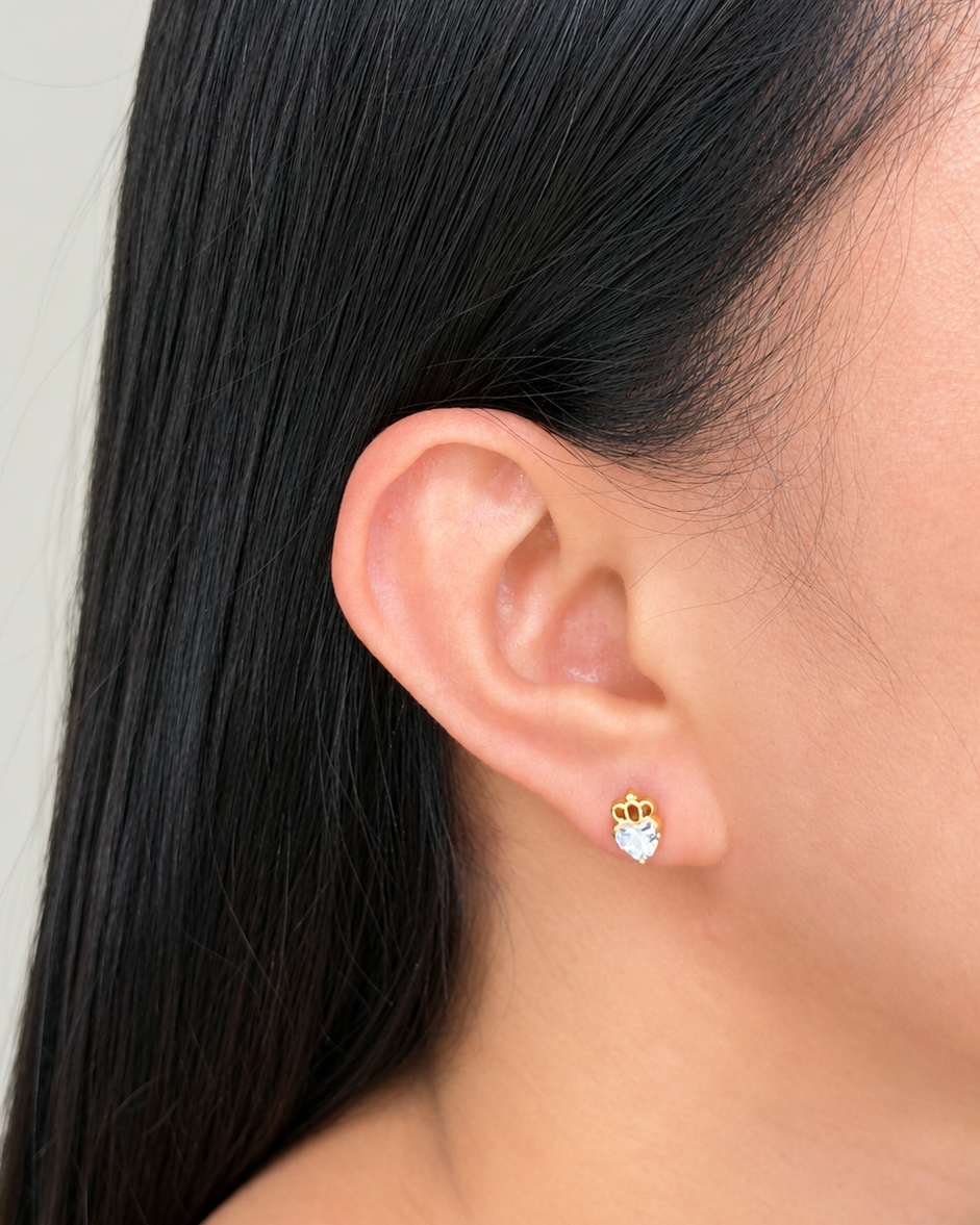 Kennedy Dainty Queen Crown Heart Zircon Shaped Gold Stud Earrings