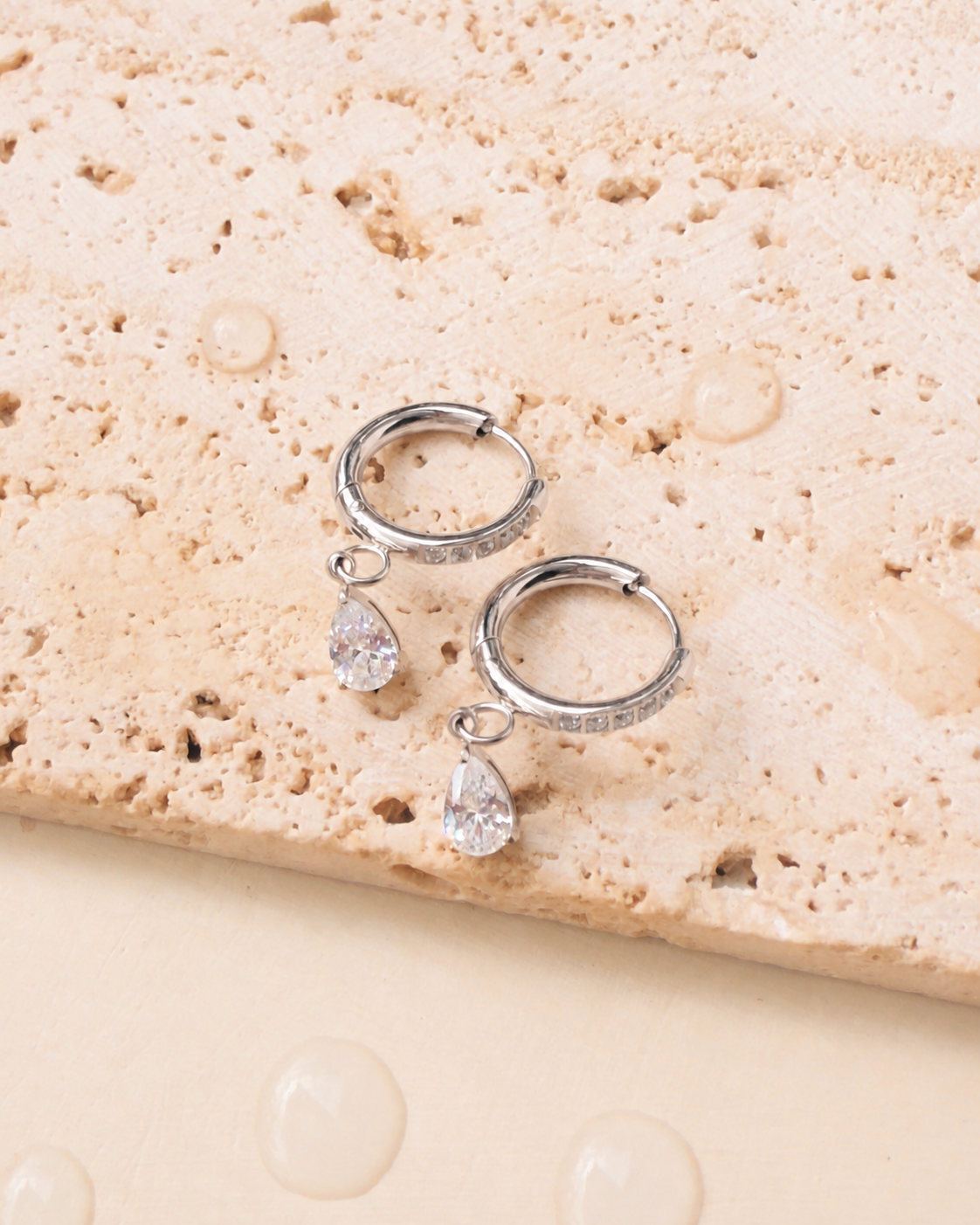 Loretta (Silver) Zircon Paved Rounded Huggies Teardrop Waterdrop Shaped Zircon Crowned Set Drop Earrings