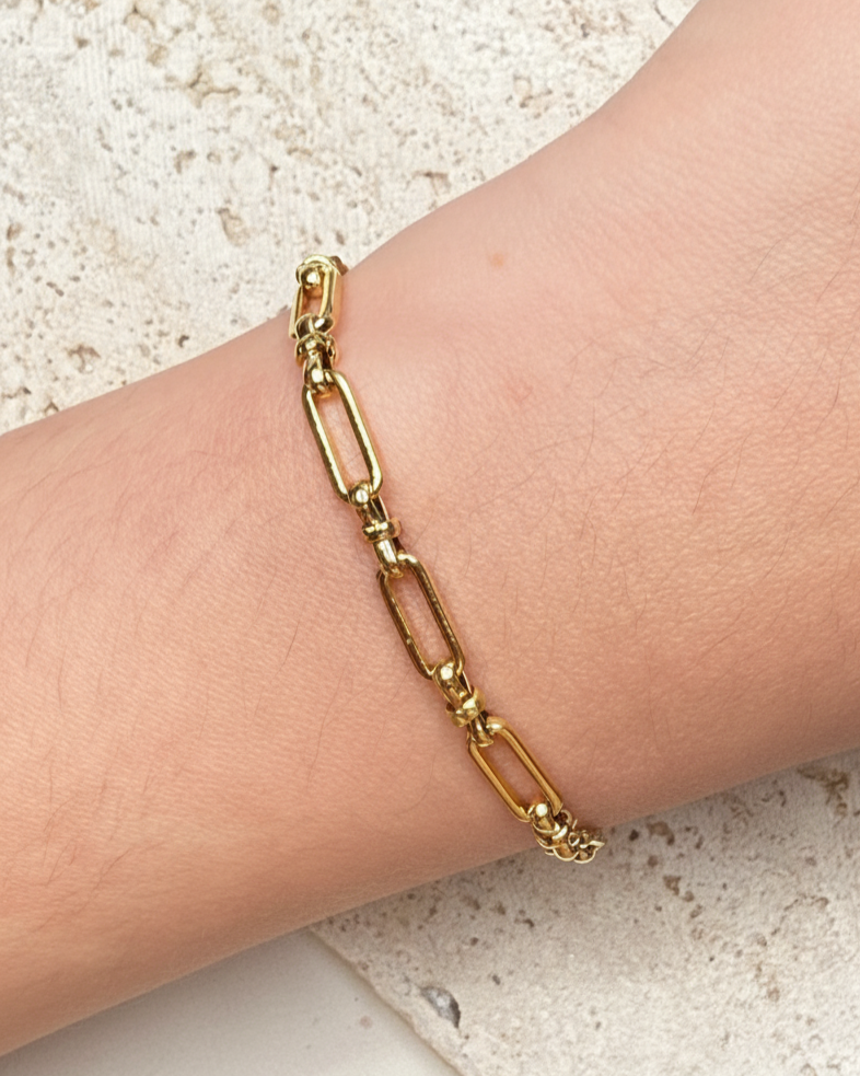 Lorraine (Gold) Rounded Flat Paper Clip Ball Beaded Link Chain Design Bracelet