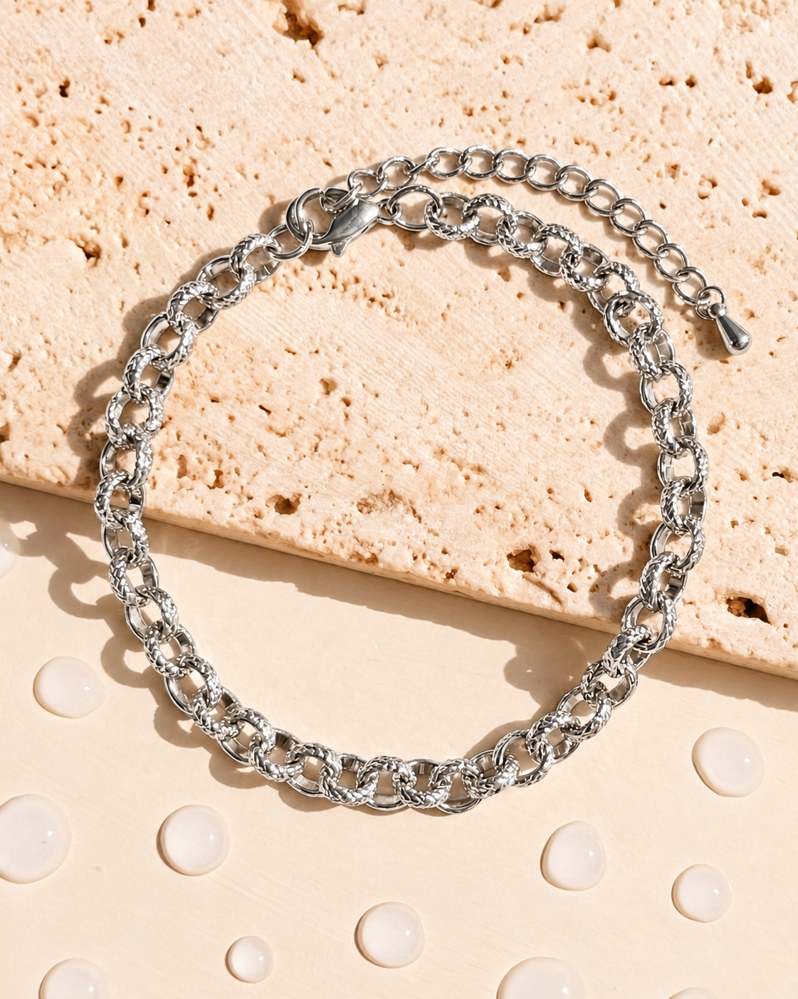 Lyrasha (Silver) Textured Hammered Round Hoop Link Chain Design Silver Bracelet