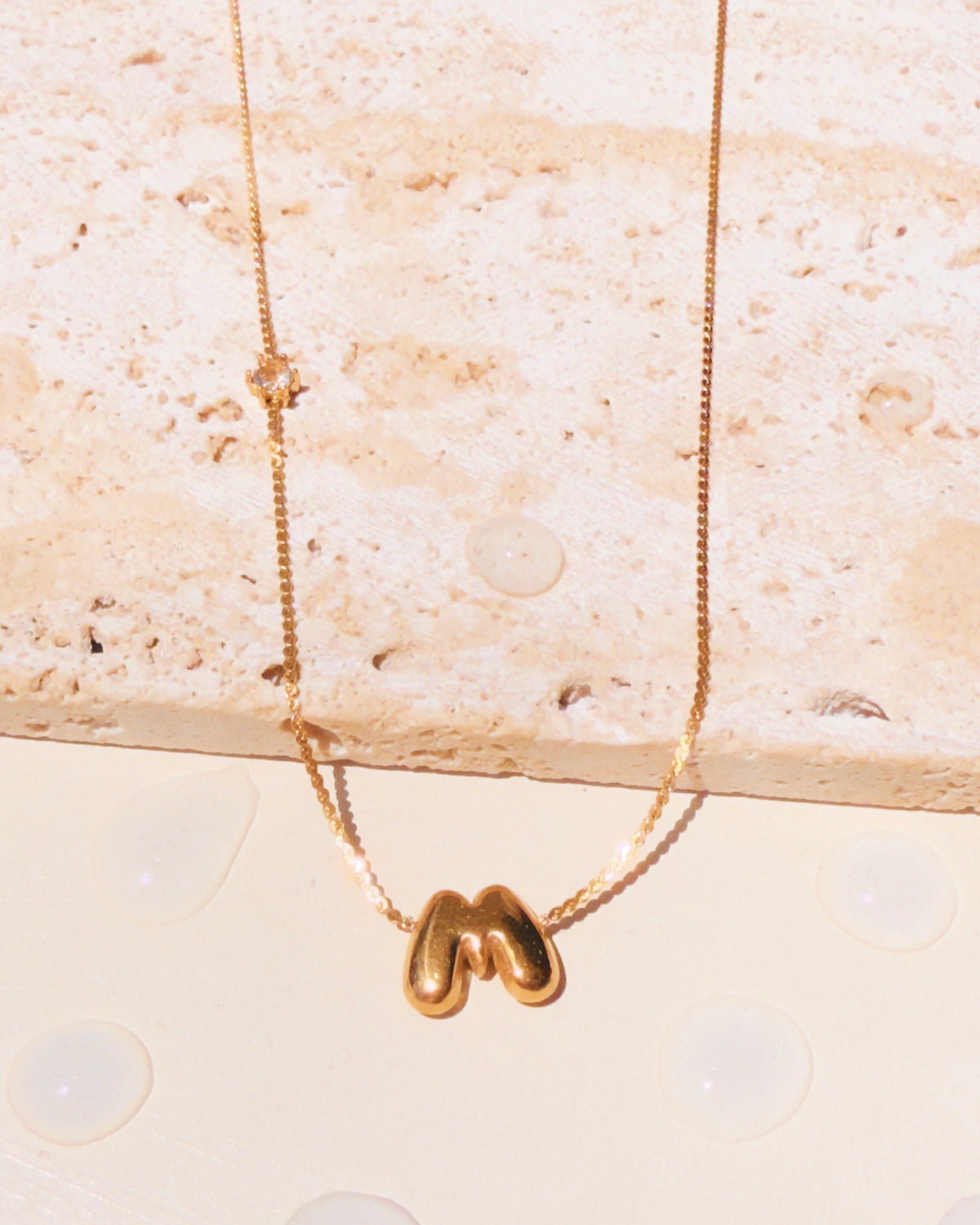 Marieta Letter Initials (A-Z) Rounded Puffy Design Center Pendant Zircon Side Pendant Thin Snake Chain Gold Necklace