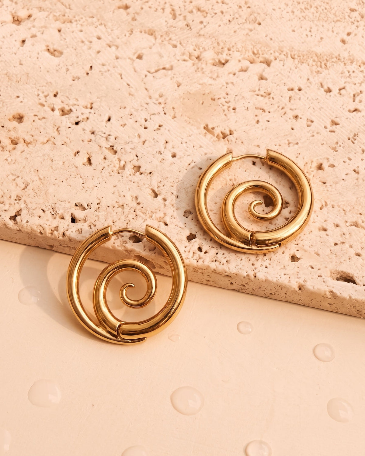 Marcia Swirl Linear Conch Shell Design Gold Hoop Earrings
