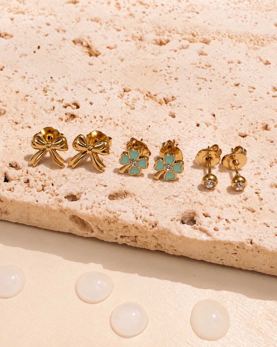 Matilda (Bundle Set) 3 Pairs Dainty Round Zircon Bezel Set Stud Green Enamel Clover Flower Shaped Solid Ribbon Shaped Design Gold Stud Earrings