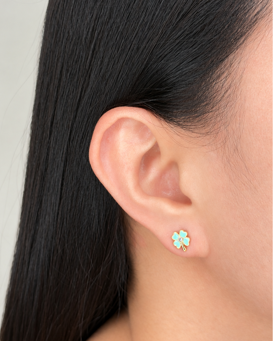 Matilda (Bundle Set) 3 Pairs Dainty Round Zircon Bezel Set Stud Green Enamel Clover Flower Shaped Solid Ribbon Shaped Design Gold Stud Earrings