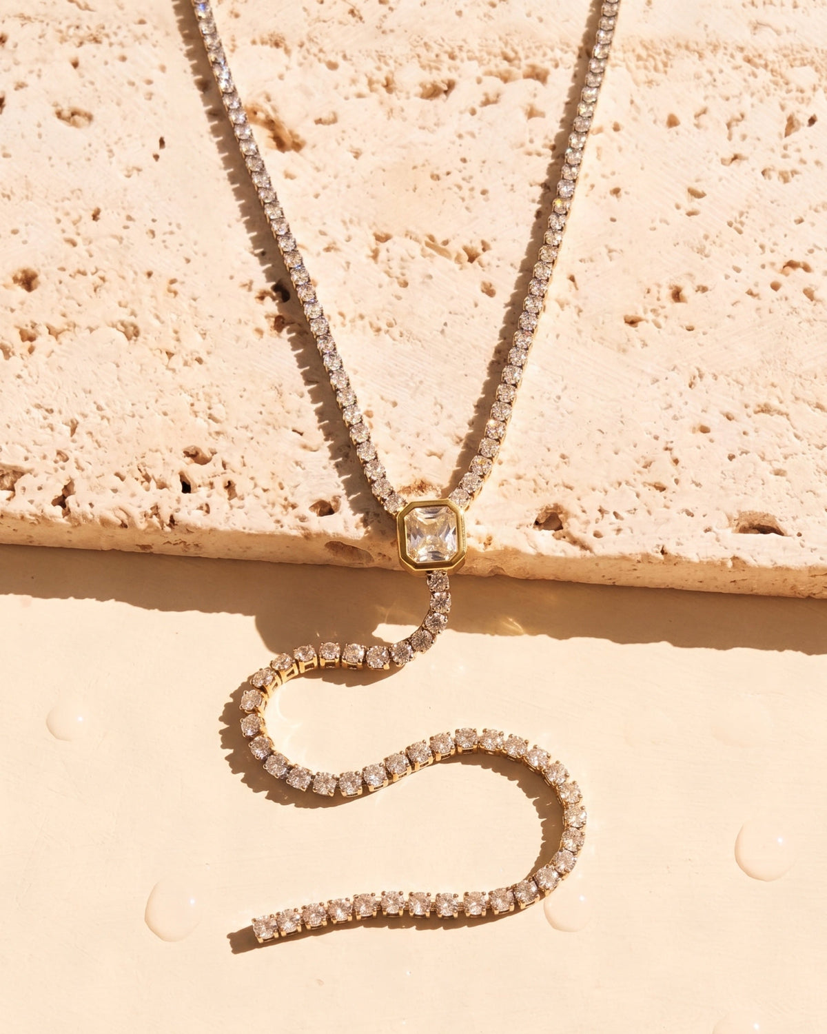 Medussa (Gold) Zircon Tennis Chain Rectangular Diamond Design Pendant Y-Shaped Dangling Design Gold Necklace