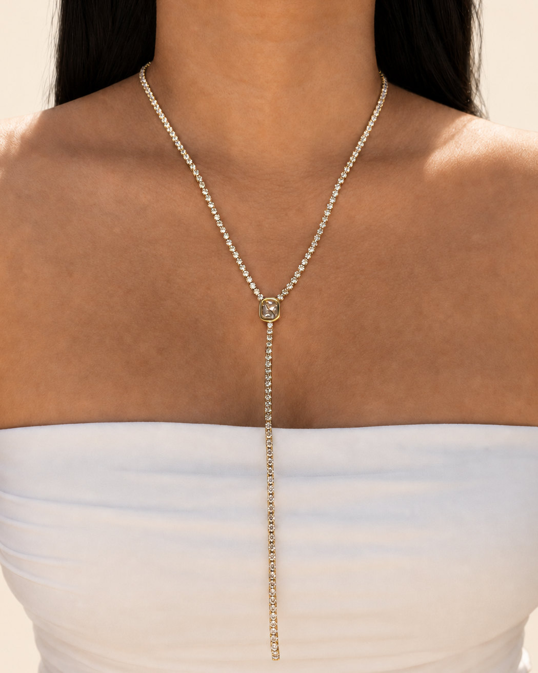 Medussa (Gold) Zircon Tennis Chain Rectangular Diamond Design Pendant Y-Shaped Dangling Design Gold Necklace