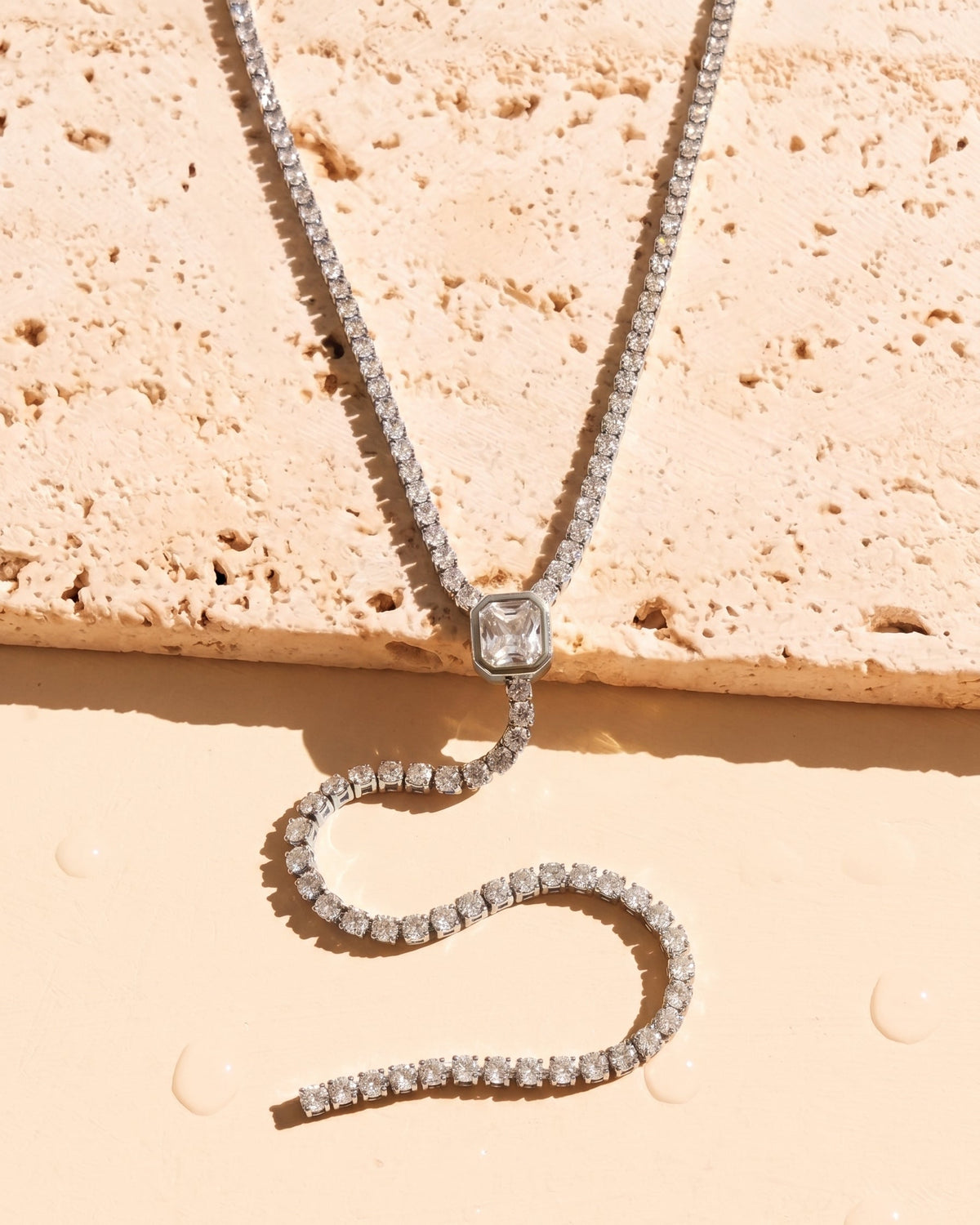 Medussa (Silver) Zircon Tennis Chain Rectangular Diamond Design Pendant Y-Shaped Dangling Design Silver Necklace