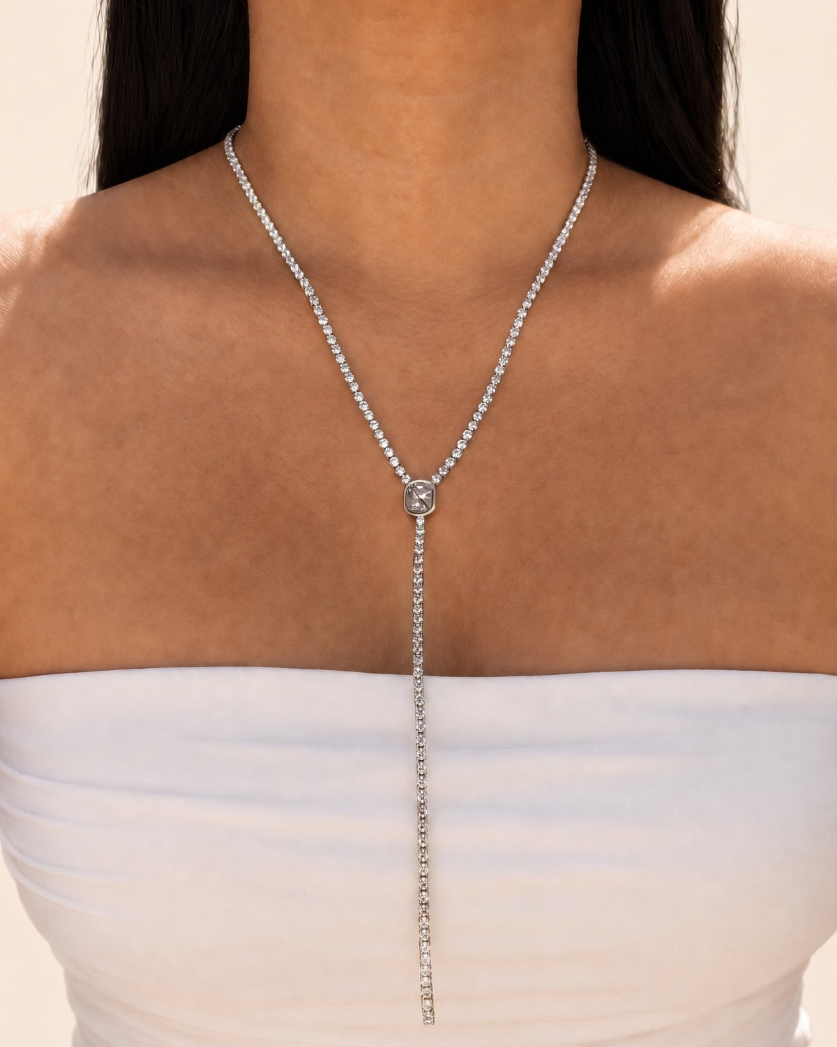 Medussa (Silver) Zircon Tennis Chain Rectangular Diamond Design Pendant Y-Shaped Dangling Design Silver Necklace