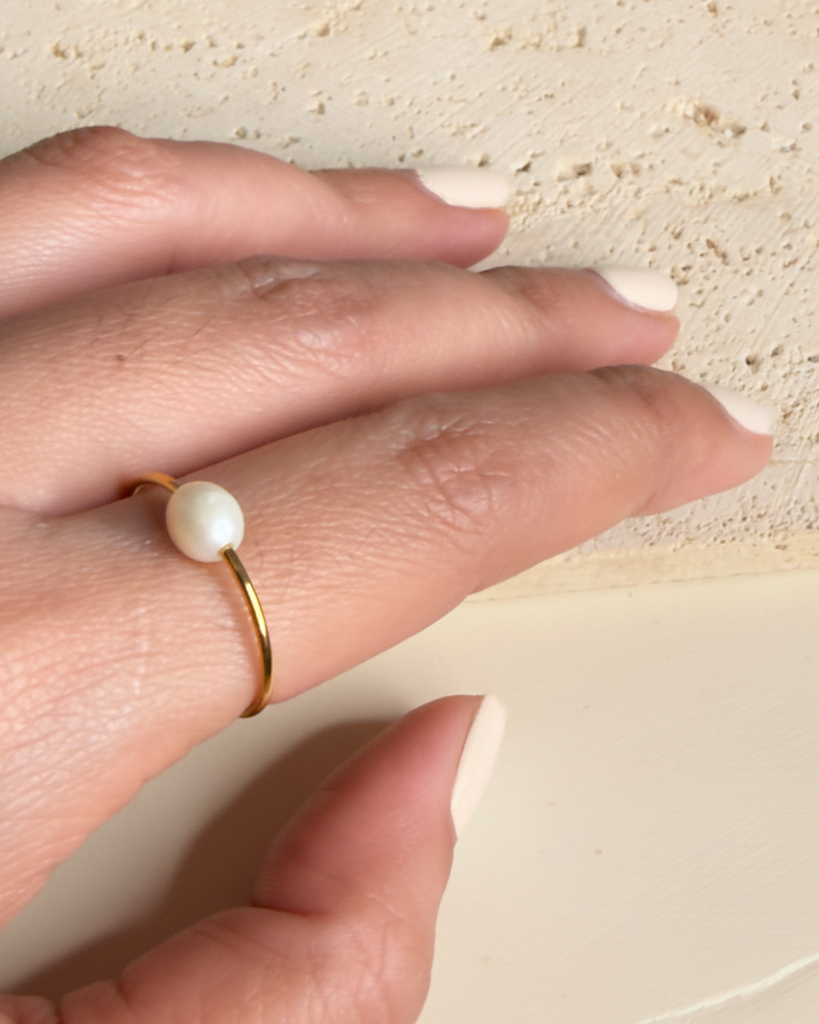 Mireille Dainty Pearl Bead Centerpiece Thin Minimalist Ring