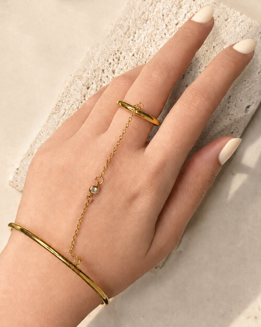 Mitch (Gold) Thin Bangle Zircon Pendant Chain Finger Ring Gold Bracelet