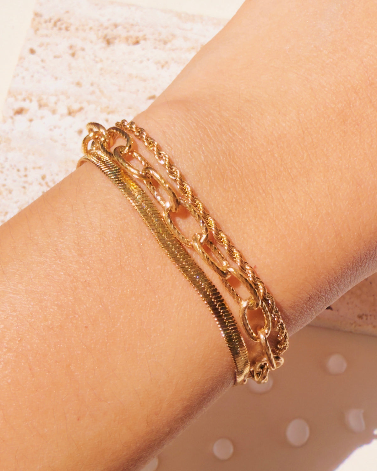 Mitzi Triple Layer Flat Wide Snake Chain Twisted Rope Chain Textured Paperclip Design Gold Bracelet
