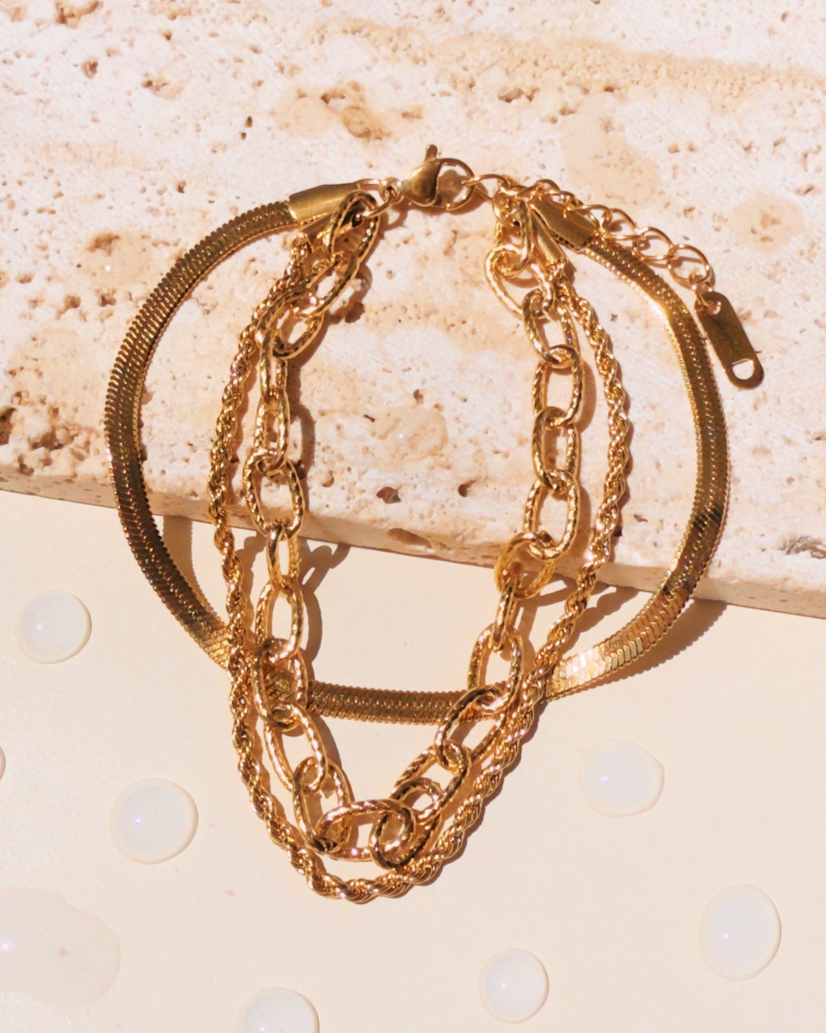 Mitzi Triple Layer Flat Wide Snake Chain Twisted Rope Chain Textured Paperclip Design Gold Bracelet