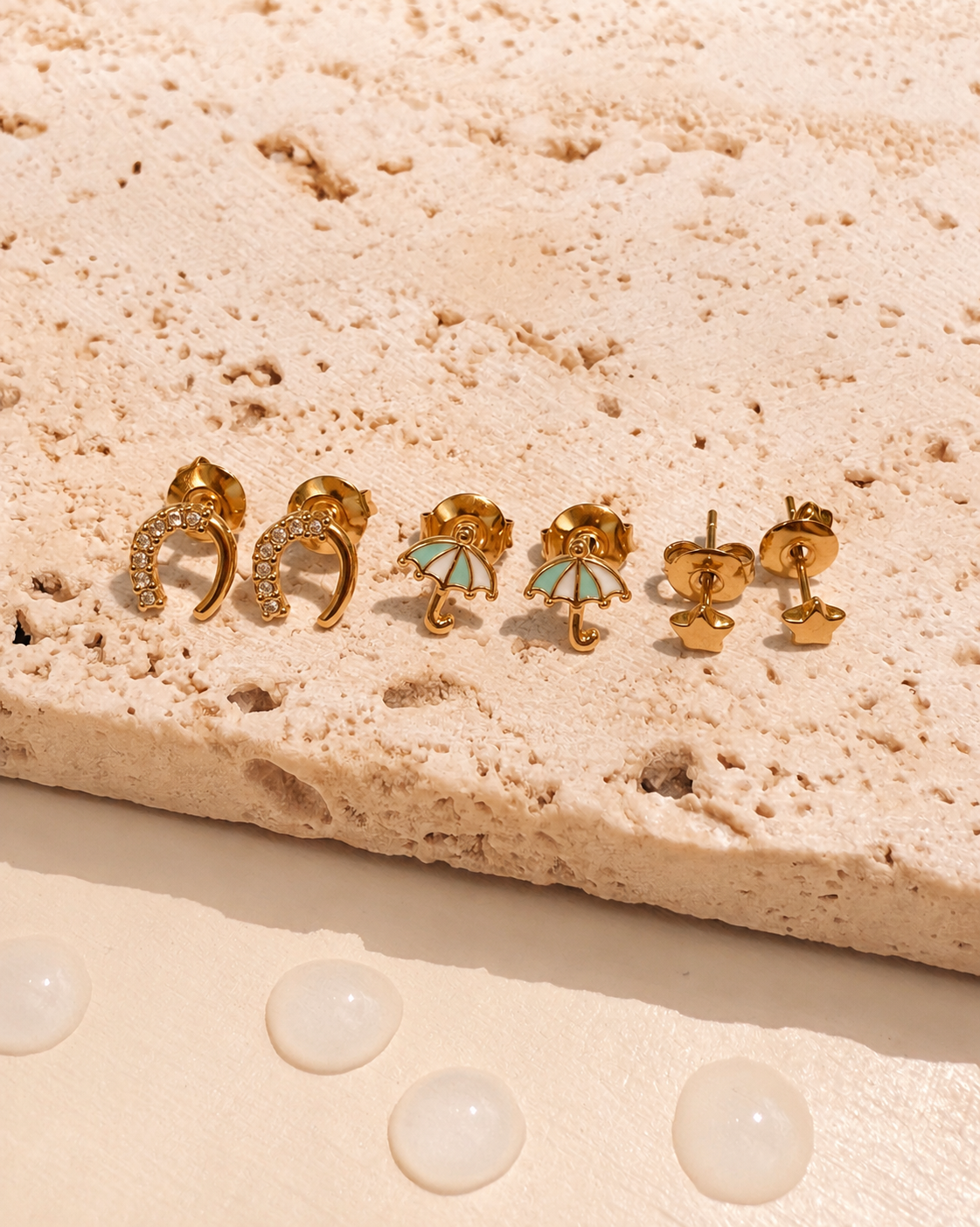 Moana (Bundle Set) 3 Pairs Dainty Star Shaped Green Enamel Umbrella Shaped Half Zircon Paved Horse Shoe Shaped Design Gold Stud Earrings
