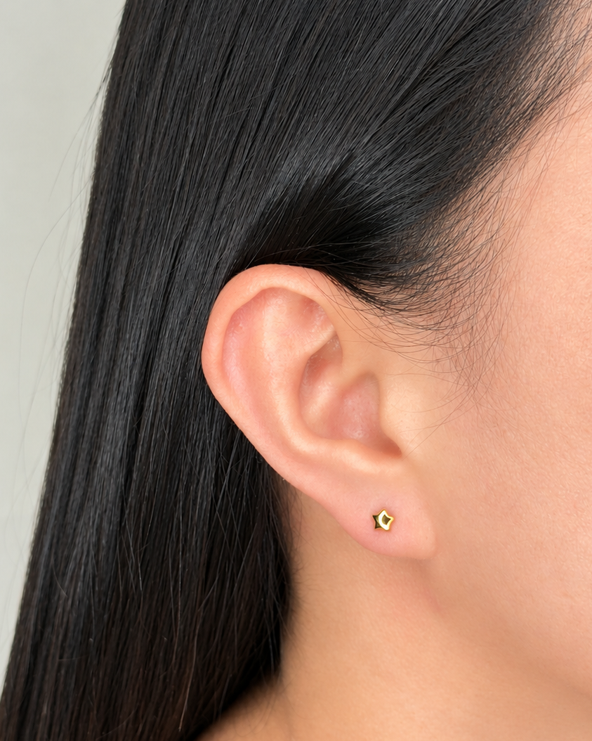 Moana (Bundle Set) 3 Pairs Dainty Star Shaped Green Enamel Umbrella Shaped Half Zircon Paved Horse Shoe Shaped Design Gold Stud Earrings