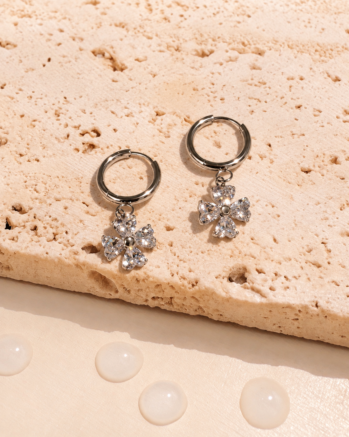 Monroe (Silver) Classic Thin Round Huggies Zircon Clover Shaped Bezel Set Silver Drop Earrings
