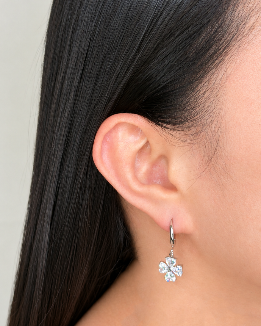 Monroe (Silver) Classic Thin Round Huggies Zircon Clover Shaped Bezel Set Silver Drop Earrings
