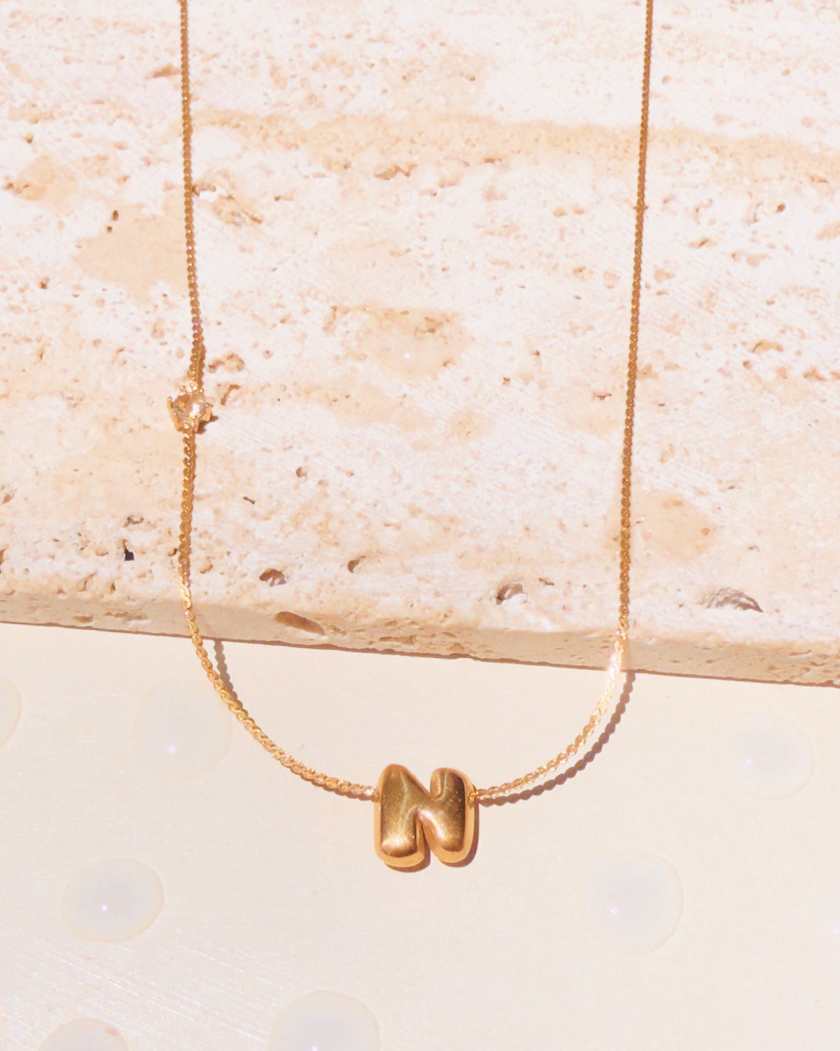 Marieta Letter Initials (A-Z) Rounded Puffy Design Center Pendant Zircon Side Pendant Thin Snake Chain Gold Necklace