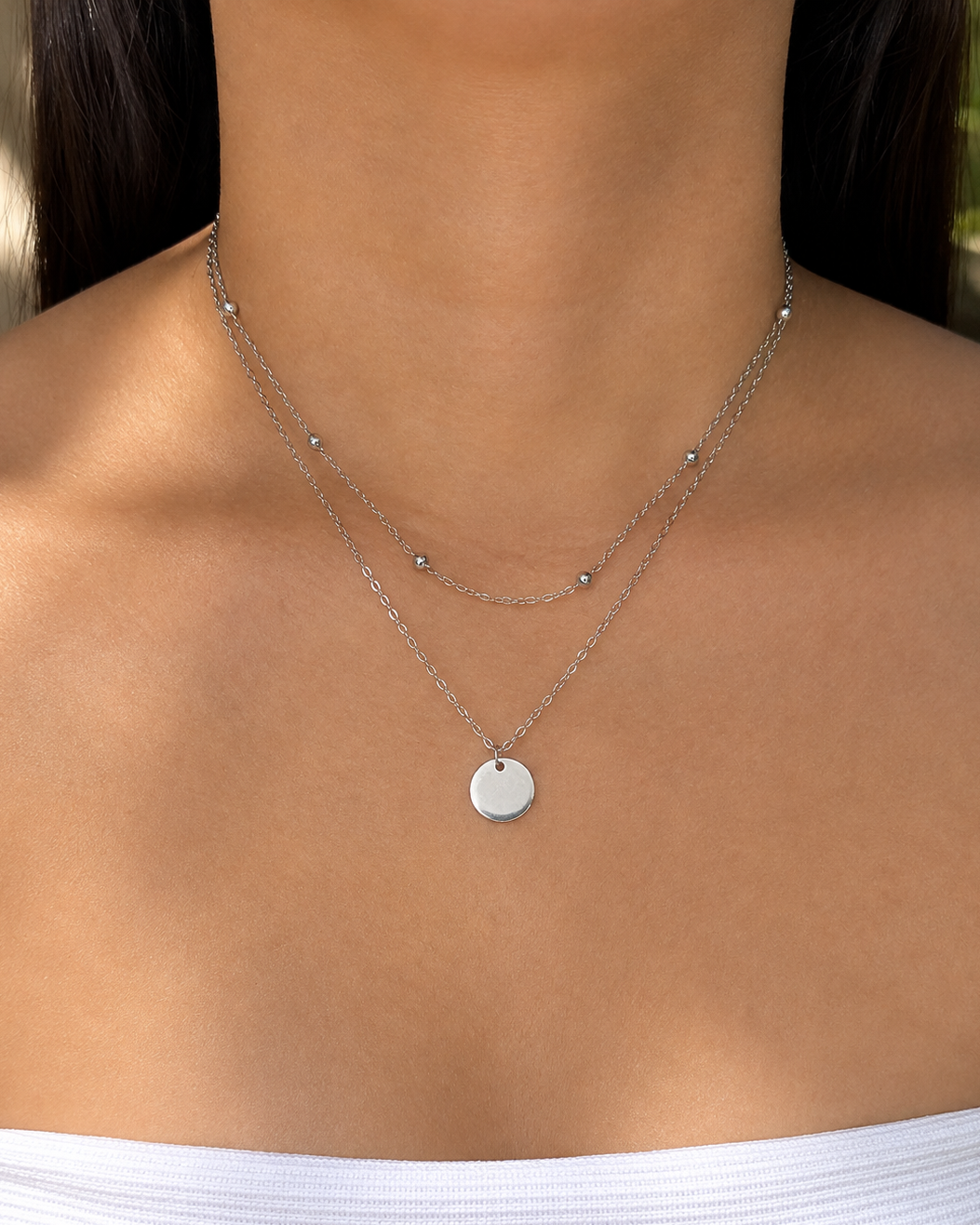 Nadine (Silver) Double Layer Beaded Chain Disc Pendant Silver Necklace