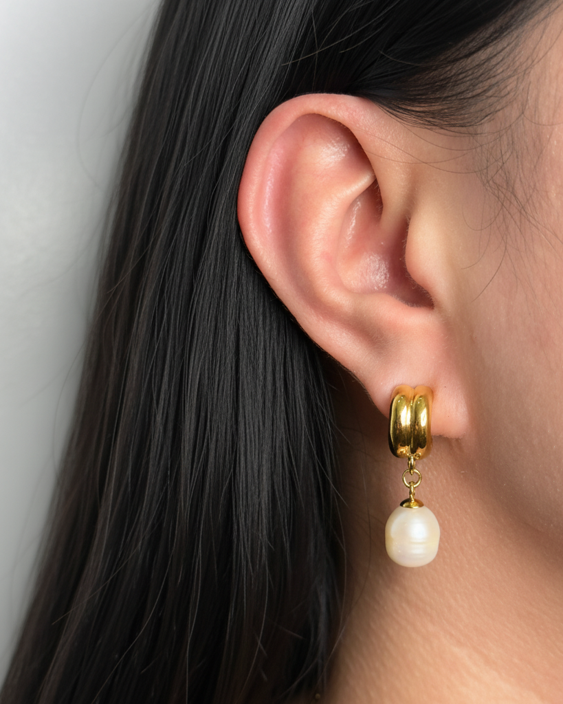 Nika Stacked Double Layer C-Shaped Thick Gold Huggies Round Pearl Drop Earrings