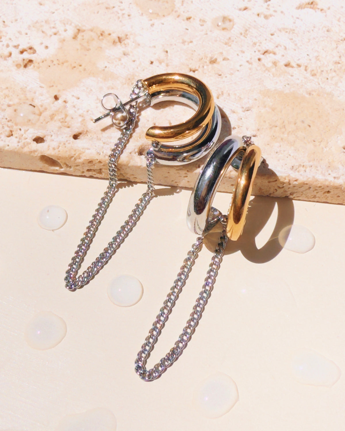 Novah (Two Tone) Double Layer Silver Gold C-Shaped Hoops Silver Chain Drop Earrings