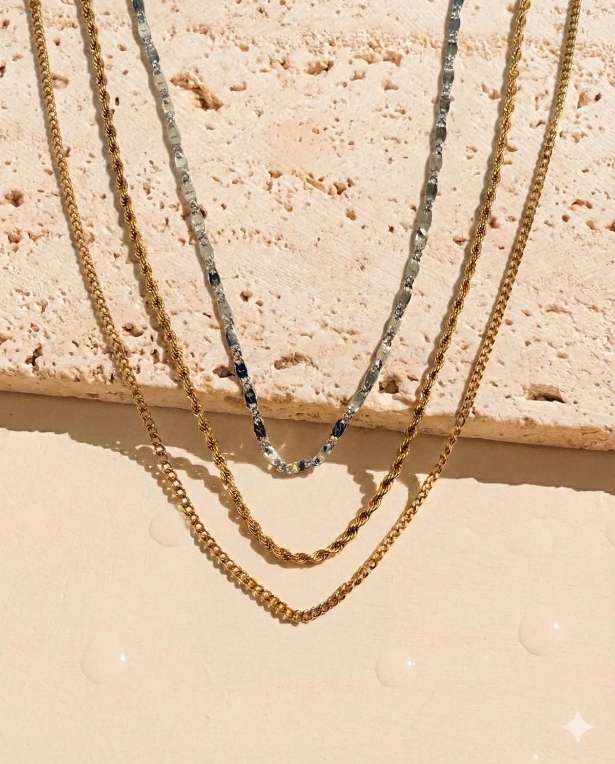 Odette Two Tone Triple Layer Silver Flat Hammered Snake Chain Gold Rope Chain Cuban Chain Design (Chain Only) Necklace