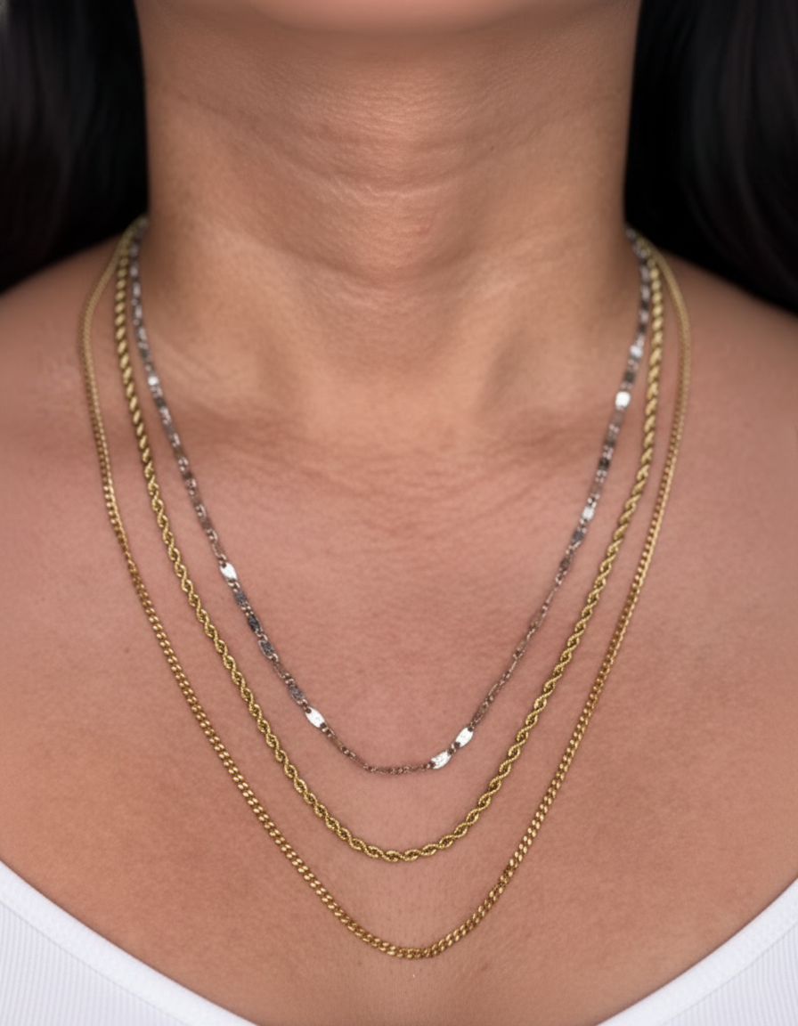 Odette Two Tone Triple Layer Silver Flat Hammered Snake Chain Gold Rope Chain Cuban Chain Design (Chain Only) Necklace