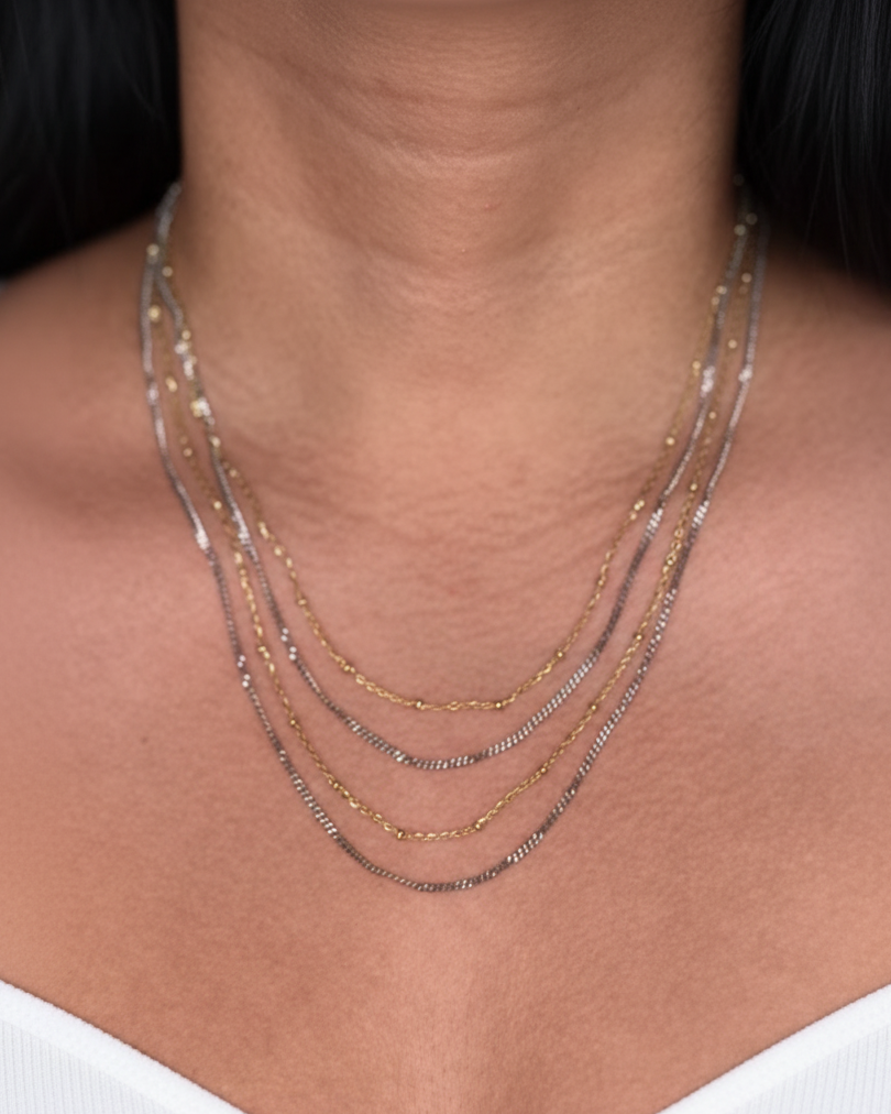 Olive Two Tone Quad Layer Gold Ball Beaded Thin Curb Chain Silver Thin Cuban Chain Alternate Design (Chain Only) Necklace