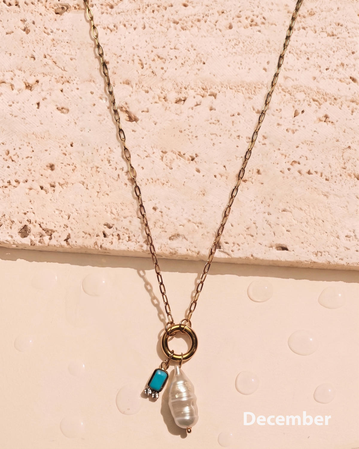 Olivia Birthstone Birth Month Color Zircon Long Pearl Dual Pendant Thin Link Chain Gold Necklace